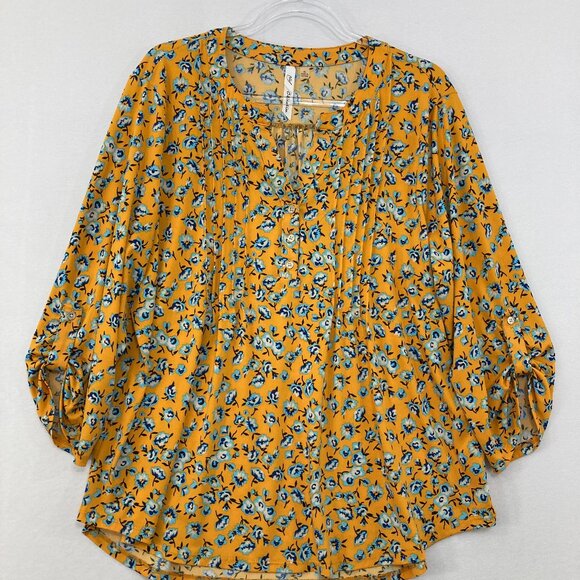 NY Collection XL Yellow Ditsy Floral Pintuck Rolled Sleeve Stretch Popover Top - Picture 1 of 9